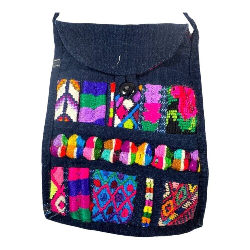 Vintage Mexico Embroidered Crossbody Miniature Bag Button Closure & Long Strap
